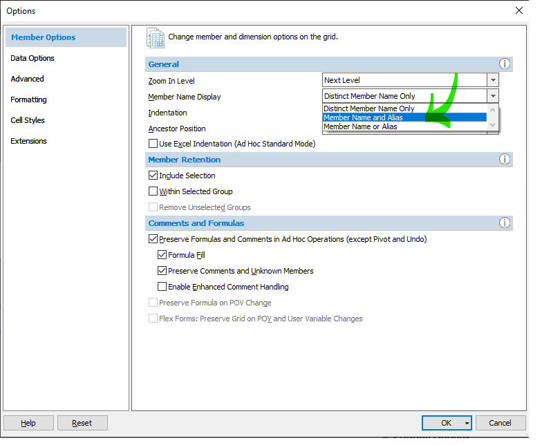 New choice « Member Name and Alias » under the Options menu